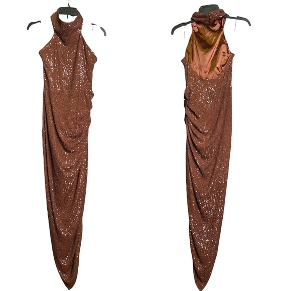 ITMFL Marissa Sequin‎ Halter Neck Ruched Midi Dress Brown Party Cocktail Sz L - Picture 2 of 6